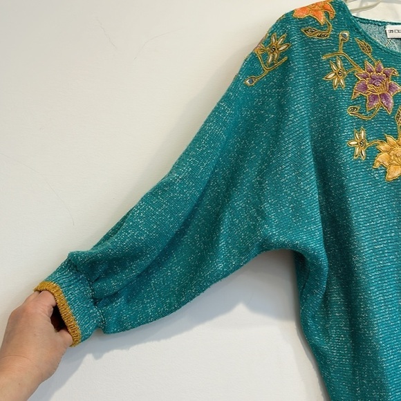 Vintage 80s Umi collections by Anne Crimmins embroidered 3/4 sleeve sweater teal - Picture 2 of 6